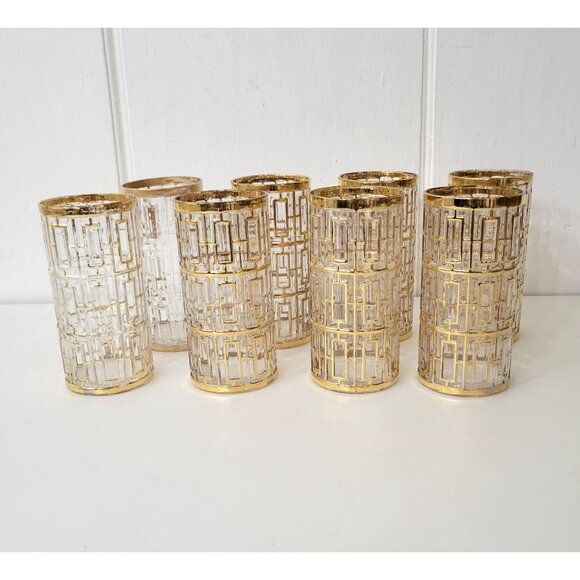 Imperial Glass Shoji Gold Trellis Drinking Glasses Set of Five Plus 3 Extras MCM - Picture 3 of 9